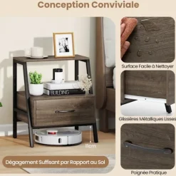 COSTWAY Natbord med Skuffe og Åbne Hylder i 2 niveauer, Metalramme, Sidebord til Stue, Soveværelse, Grå Grå