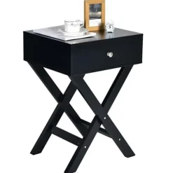 COSTWAY Natbord, Sidebord med X-formet Base, Moderne Stil, med Sort Opbevaringsskuffe Svart
