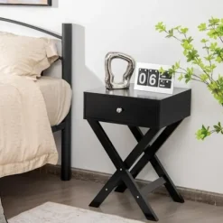 COSTWAY Natbord, Sidebord med X-formet Base, Moderne Stil, med Sort Opbevaringsskuffe Svart