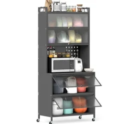 COSTWAY 6-niveau køkkenbuffet med lys, fløjdøre, perforeret panel, kroge, 4 hjul eller justerbare ben, sort Svart