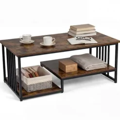 COSTWAY 2-niveau sofabord, 2 opbevaringshylder, rektangulært sidebord 110 x 60 x 45 cm til kontor, brun Rustik brun