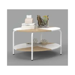 COSTWAY 2-niveau trækaffebord, metalramme, 80 cm rund kaffebord med opbevaringshylde, hvid og naturlig Hvid og naturlig