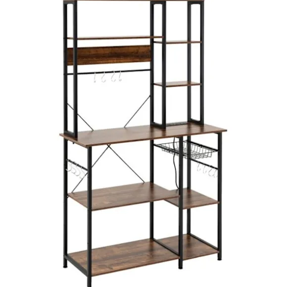 COSTWAY 6-niveaus køkkenbuffet, stikkontakt, åbne hylder i træ, kroge, kurv, metalramme, 99x40x170cm
