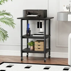 COSTWAY Opbevaringshylder til Printer Scanner, Fax med 3 Niveauer, Låsbare Hjul 49 x 40 x 65/77 cm (L x B x H) Sort