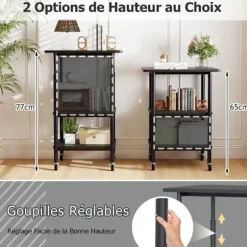 COSTWAY Opbevaringshylder til Printer Scanner, Fax med 3 Niveauer, Låsbare Hjul 49 x 40 x 65/77 cm (L x B x H) Sort
