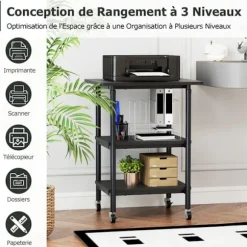 COSTWAY Opbevaringshylder til Printer Scanner, Fax med 3 Niveauer, Låsbare Hjul 49 x 40 x 65/77 cm (L x B x H) Sort