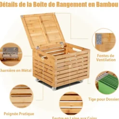 COSTWAY Opbevaringskiste i Bambus 52L med 4 Hjul 36 x 42 x 35 CM (L x B x H)