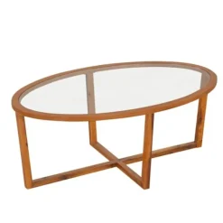 COSTWAY Oval Glastabel, Behold i Gummitræ, Krydset Base, Moderne Tabel 118cm, til Stue Hjem Kontor, Brun Brun