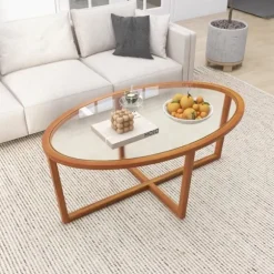 COSTWAY Oval Glastabel, Behold i Gummitræ, Krydset Base, Moderne Tabel 118cm, til Stue Hjem Kontor, Brun Brun