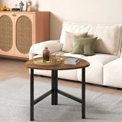 COSTWAY Oval Salong Bord, Metalben, Træ Triangulært Sidebord til Stue, Kontor, Værelse, Belastning 60 kg, Brun Rustik brun och svart