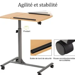 COSTWAY Oversengsbord med hjul Bærbart computerbord Højdejusterbart med museholder Vippebakke