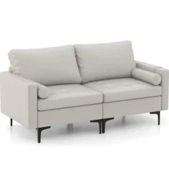 COSTWAY 2-personers sofa med sidelommer i åndbart og blødt luftlæder, metalstel, hynder medfølger. Grå Grå