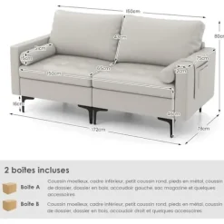 COSTWAY 2-personers sofa med sidelommer i åndbart og blødt luftlæder, metalstel, hynder medfølger. Grå Grå
