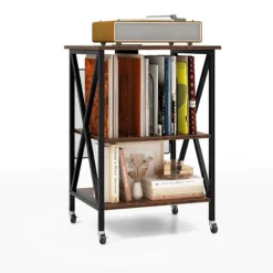 COSTWAY Pladeafspiller Opbevaringsenhed Integreret Ladestation & Metal Sidebord, til Kontor & Stue 45x40x34CM Brun