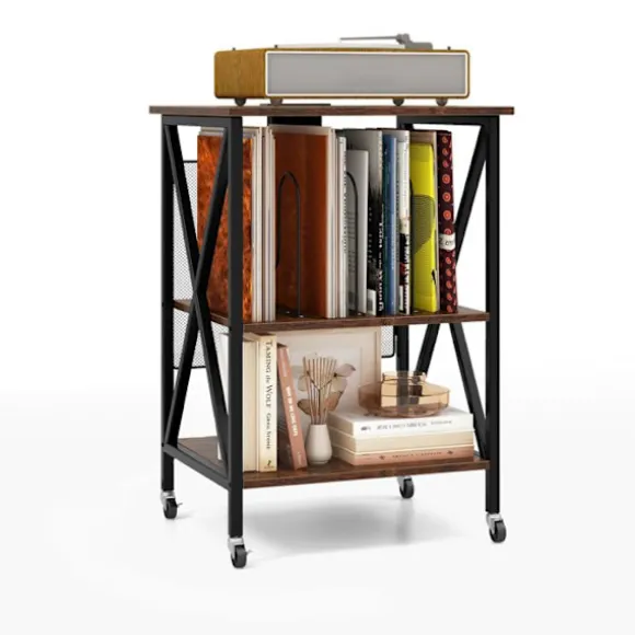 COSTWAY Pladeafspiller Opbevaringsenhed Integreret Ladestation & Metal Sidebord, til Kontor & Stue 45x40x34CM Brun