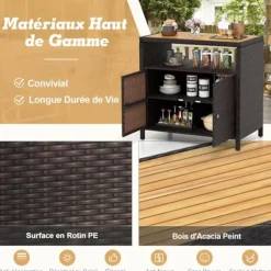 COSTWAY Rattan Opbevaringsskab med Akacietop, 2 Døre, Kurbadskab til Swimmingpool Terrasse Patio, Brun Brun