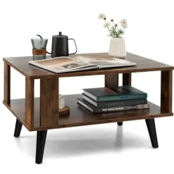 COSTWAY rektangulært sofabord med 2 etager, 70 x 50 x 41 CM, sidebord med skridsikre fødder, industriel stil, brun