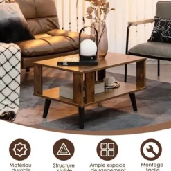 COSTWAY rektangulært sofabord med 2 etager, 70 x 50 x 41 CM, sidebord med skridsikre fødder, industriel stil, brun