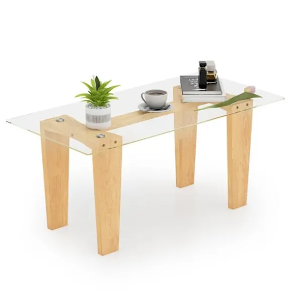 COSTWAY Rektangulært Sofabord i Tempereret Glas, Ben i Gummitræ, Moderne Bord 100x50x45cm, Stue Hjem Kontor, Naturlig Naturlig