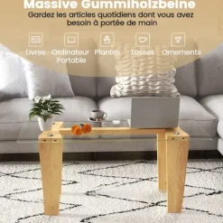 COSTWAY Rektangulært Sofabord i Tempereret Glas, Ben i Gummitræ, Moderne Bord 100x50x45cm, Stue Hjem Kontor, Naturlig Naturlig