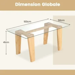 COSTWAY Rektangulært Sofabord i Tempereret Glas, Ben i Gummitræ, Moderne Bord 100x50x45cm, Stue Hjem Kontor, Naturlig Naturlig