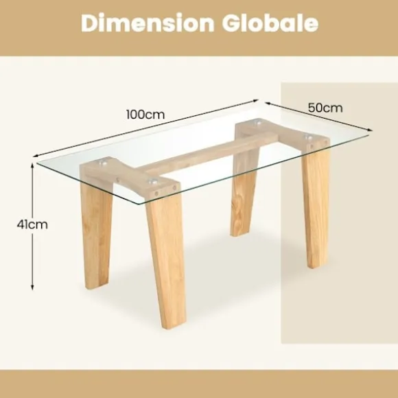 COSTWAY Rektangulært Sofabord i Tempereret Glas, Ben i Gummitræ, Moderne Bord 100x50x45cm, Stue Hjem Kontor, Naturlig Naturlig