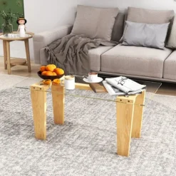 COSTWAY Rektangulært Sofabord i Tempereret Glas, Ben i Gummitræ, Moderne Bord 100x50x45cm, Stue Hjem Kontor, Naturlig Naturlig
