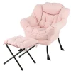 COSTWAY Relax Lænestol-Sammenfoldelig fodstøtte-Hovedpude-Blødt sæde-Armlæn-Opbevaringslomme-Metalramme-Belastning 150 kg-Pink