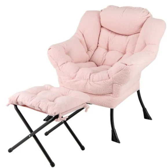 COSTWAY Relax Lænestol-Sammenfoldelig fodstøtte-Hovedpude-Blødt sæde-Armlæn-Opbevaringslomme-Metalramme-Belastning 150 kg-Pink