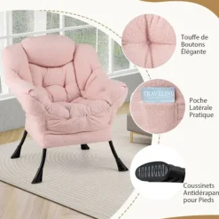COSTWAY Relax Lænestol-Sammenfoldelig fodstøtte-Hovedpude-Blødt sæde-Armlæn-Opbevaringslomme-Metalramme-Belastning 150 kg-Pink