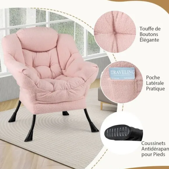 COSTWAY Relax Lænestol-Sammenfoldelig fodstøtte-Hovedpude-Blødt sæde-Armlæn-Opbevaringslomme-Metalramme-Belastning 150 kg-Pink
