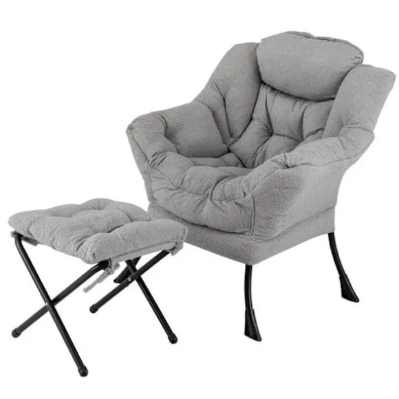 COSTWAY Relax Lænestol-Sammenfoldelig fodstøtte-Hovedpude-Blødt sæde-Armlæn-Opbevaringslomme-Metalramme-Belastning 150 kg-Grå