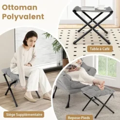 COSTWAY Relax Lænestol-Sammenfoldelig fodstøtte-Hovedpude-Blødt sæde-Armlæn-Opbevaringslomme-Metalramme-Belastning 150 kg-Grå