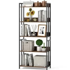 COSTWAY Reol med 5 Hylder 157 cm, Justerbare og Vippbare Hylder, Industriel Opbevaringsreol, Rustik Brun Rustik brun