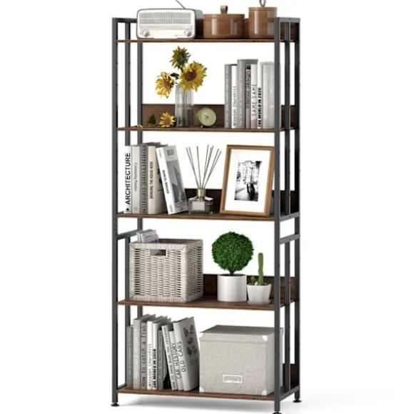 COSTWAY Reol med 5 Hylder 157 cm, Justerbare og Vippbare Hylder, Industriel Opbevaringsreol, Rustik Brun Rustik brun