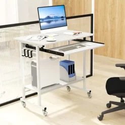 COSTWAY Rullende Computerbord 80x50x78cm, med Utrækkelig Tastaturhylde, 3 Krog, Opbevaringshylde, Hvid