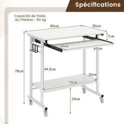 COSTWAY Rullende Computerbord 80x50x78cm, med Utrækkelig Tastaturhylde, 3 Krog, Opbevaringshylde, Hvid