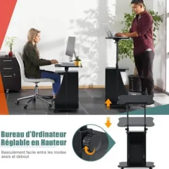 COSTWAY rullende computerbord Højdejusterbar fra 68 til 114 cm, 180° vipbar top, opbevaringsrum, sort Svart