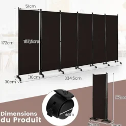 COSTWAY rulleskærm - 6 aftagelige foldepaneler 334,5 x 172 cm (L x H) Rumdeler, Beskyt privatlivets fred, Brun