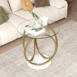 COSTWAY Rund Lav bord, Glasplade, Geometrisk Metalramme i Guld, Stuebord til Kontor Værelse, 60x 60 x61,5 cm