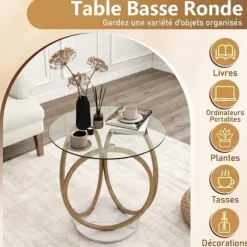 COSTWAY Rund Lav bord, Glasplade, Geometrisk Metalramme i Guld, Stuebord til Kontor Værelse, 60x 60 x61,5 cm