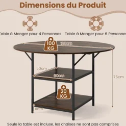 COSTWAY Rundt Spisebord 120 x 76 cm til 4-6 Personer med Åben Hylde i 2 Niveauer - Brun Metalramme