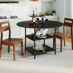 COSTWAY Rundt Spisebord 120 x 76 cm til 4-6 Personer med Åben Hylde i 2 Niveauer - Sort Metalramme