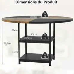 COSTWAY Rundt Træspisebord på 119 cm til 4-6 Personer - To-farvet Blockdesign, 2 Hylder & Metalben
