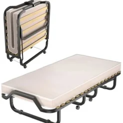 COSTWAY Sammenklappelig Seng til 1 Person med Hjul 90 x 200 CM, Sammenklappelig Gæsteseng, 10 CM Memory Skum Madras, 15 Latte Sengebund, Beige Svart och beige | Fyndiq