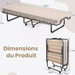 COSTWAY Sammenklappelig Seng til 1 Person med Hjul 90 x 200 CM, Sammenklappelig Gæsteseng, 10 CM Memory Skum Madras, 15 Latte Sengebund, Beige Svart och beige | Fyndiq