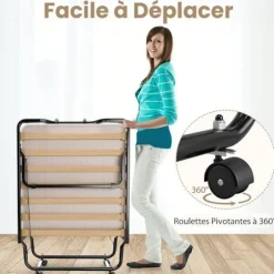 COSTWAY Sammenklappelig Seng til 1 Person med Hjul 90 x 200 CM, Sammenklappelig Gæsteseng, 10 CM Memory Skum Madras, 15 Latte Sengebund, Beige Svart och beige | Fyndiq