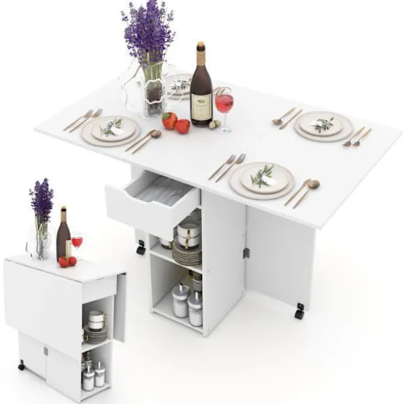 COSTWAY sammenklappeligt sidebord med 2 hjul, drop-leaf konsol, opbevaringsstativ, 2-lags skuffer, 120x72x75 cm hvid Naturvit