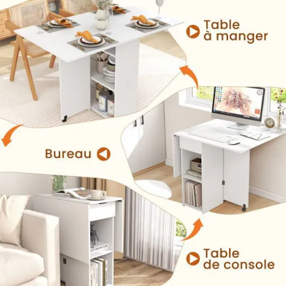 COSTWAY sammenklappeligt sidebord med 2 hjul, drop-leaf konsol, opbevaringsstativ, 2-lags skuffer, 120x72x75 cm hvid Naturvit