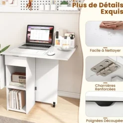 COSTWAY sammenklappeligt sidebord med 2 hjul, drop-leaf konsol, opbevaringsstativ, 2-lags skuffer, 120x72x75 cm hvid Naturvit